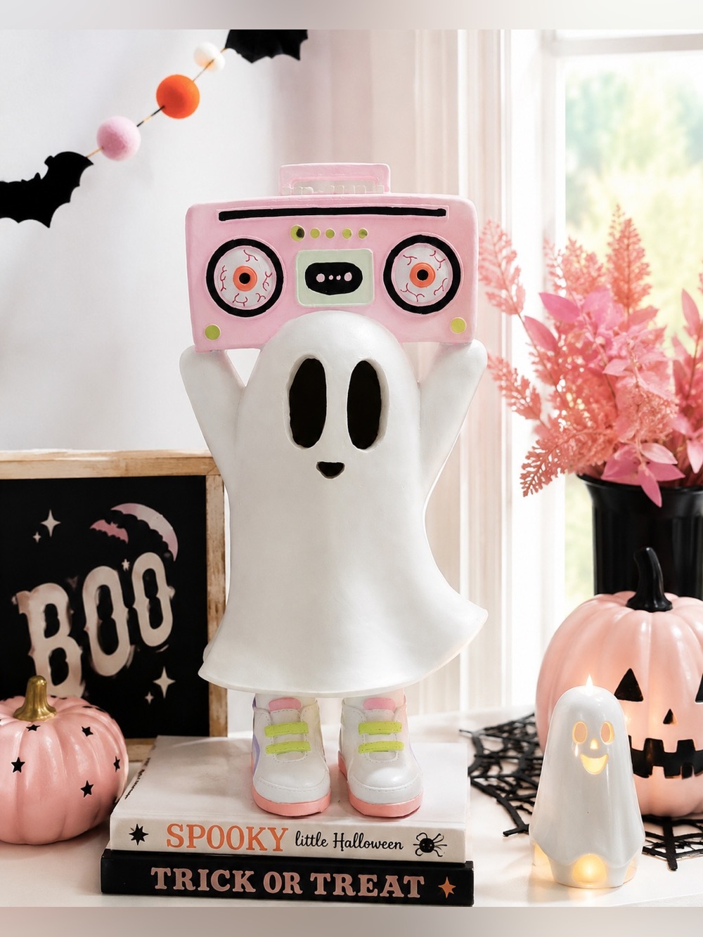 Pink Retro Boombox Ghost Halloween Light-Up Musical Decor